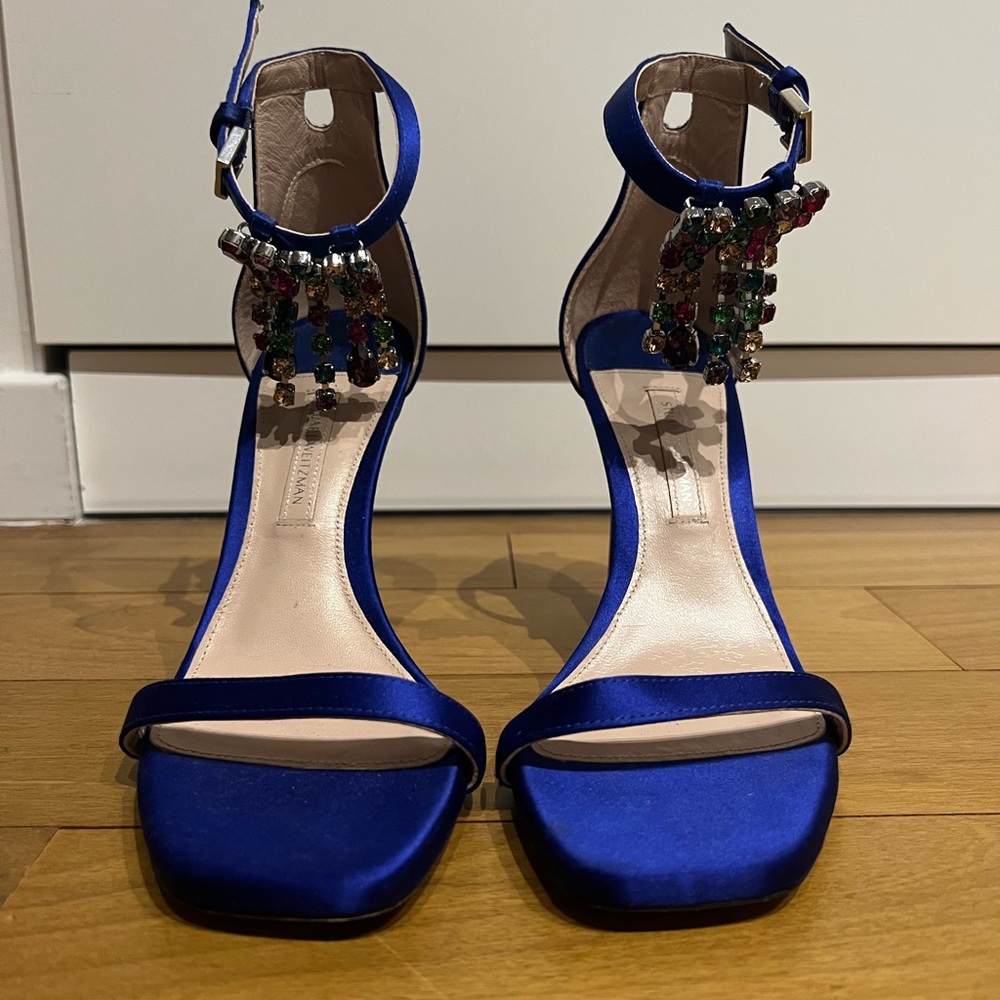 Stuart Weitzman REMOVABLE Crystals Women’s Satin Nudist Disco Heels Blue